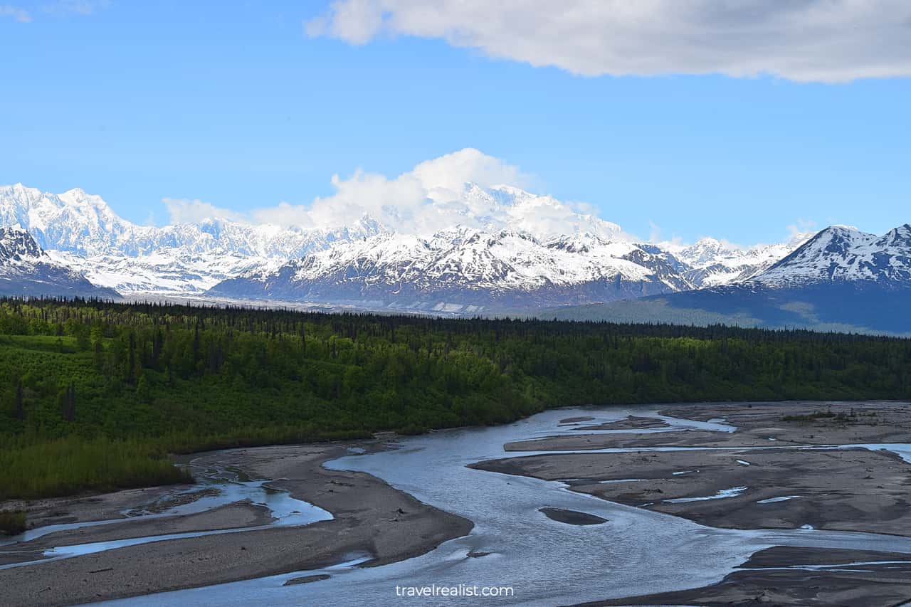 Mount Denali, highest mountain in North America, viewed from Denali State Park in Alaska, US