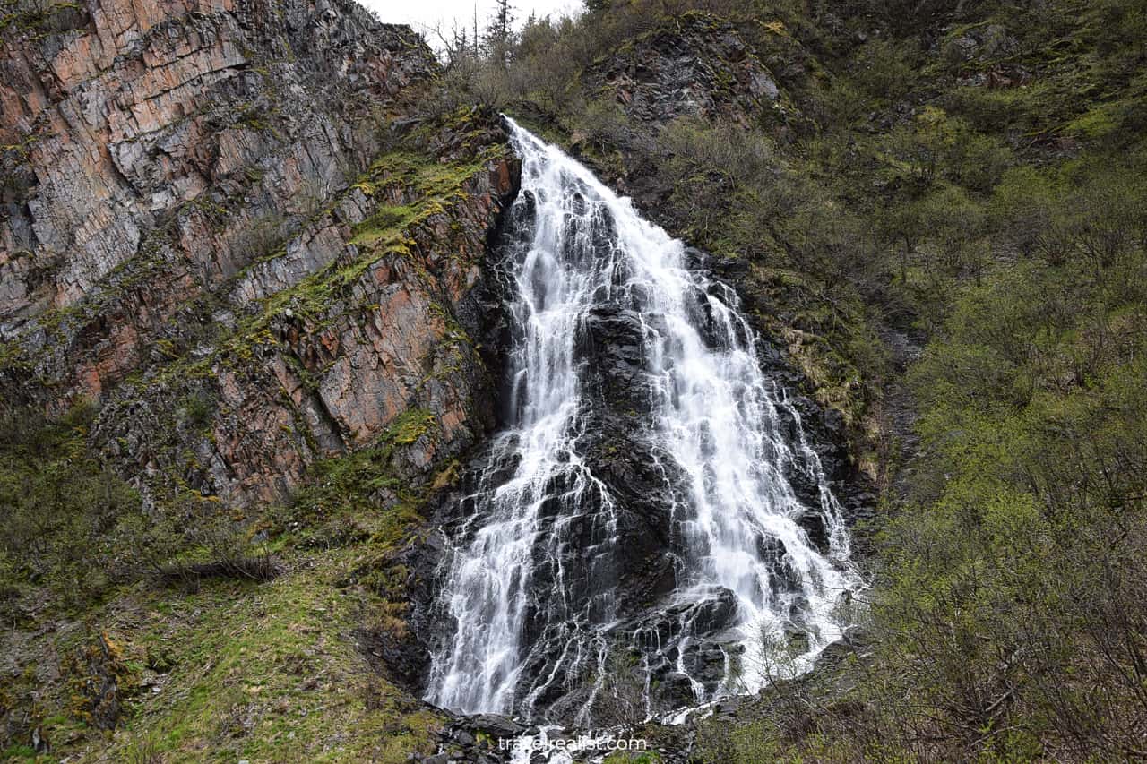 Horsetail Waterfalls in Keystone Canyon on the Richardson Highway, the best scenic highway in Alaska, US.