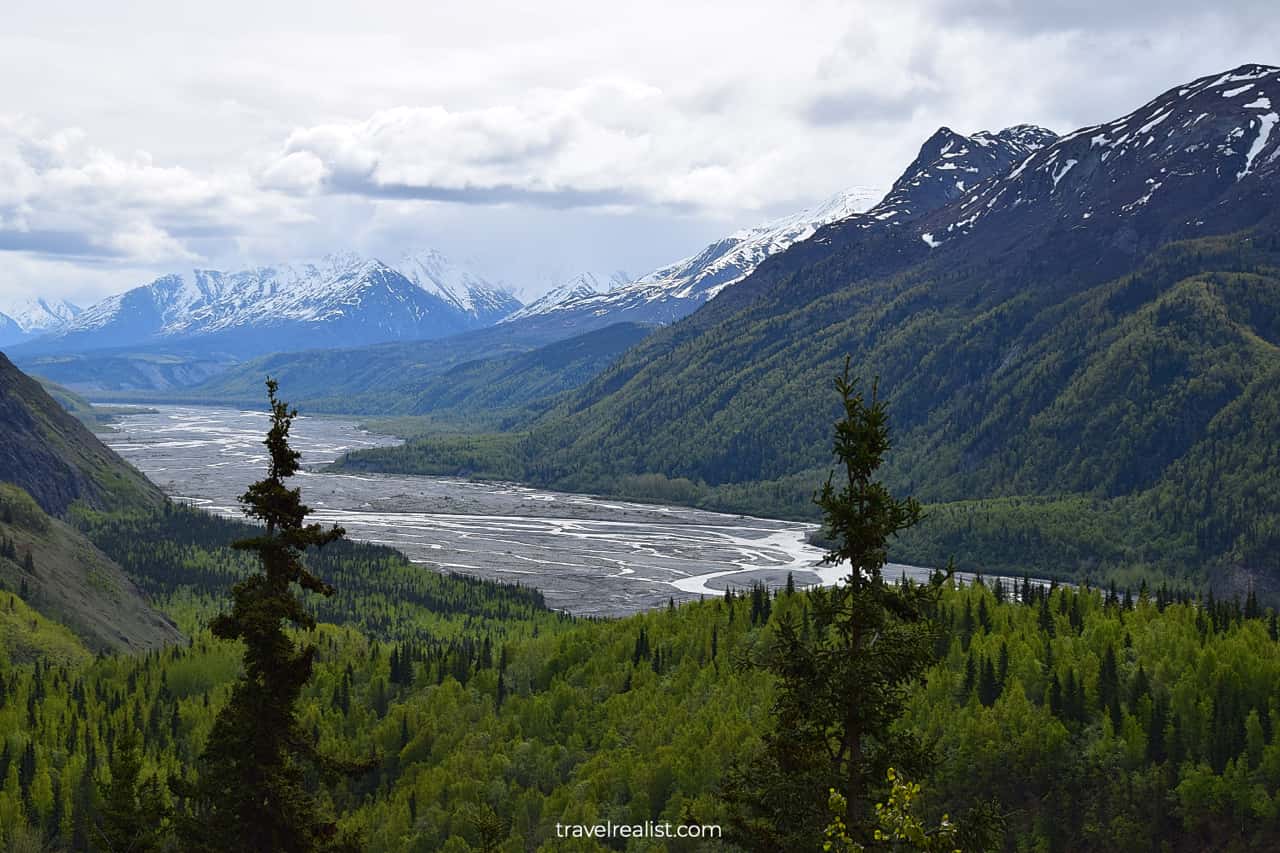 Wide Matanuska River valley in Alaska, US