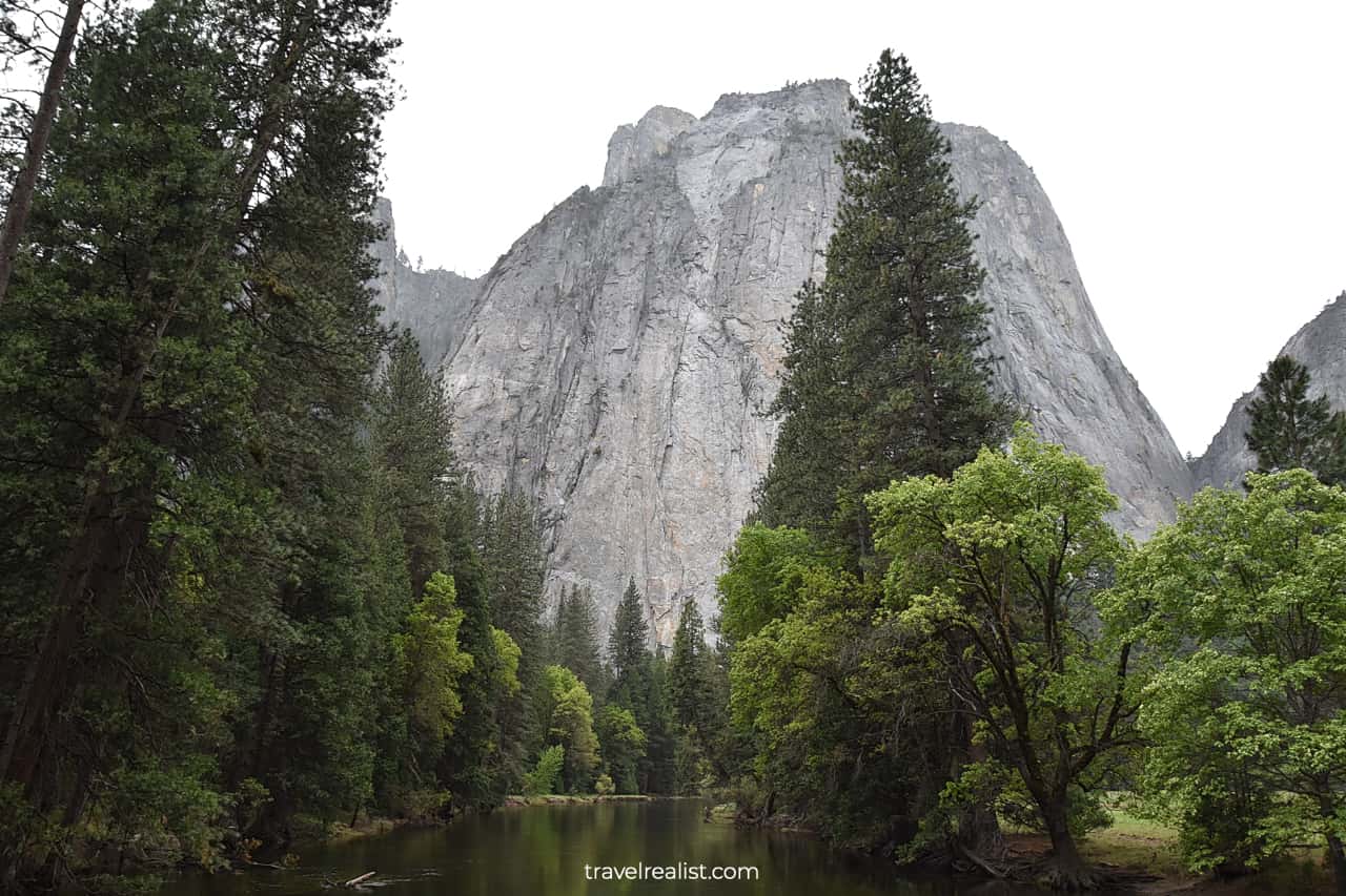 Merced River at Cathedral Spires in Yosemite National Park, California, US