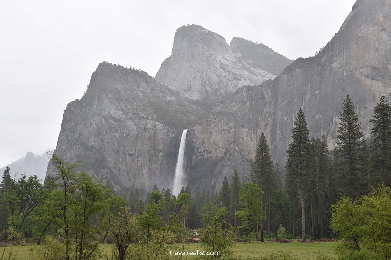 Bridalveil Fall in fog and rain in Yosemite National Park, California, US
