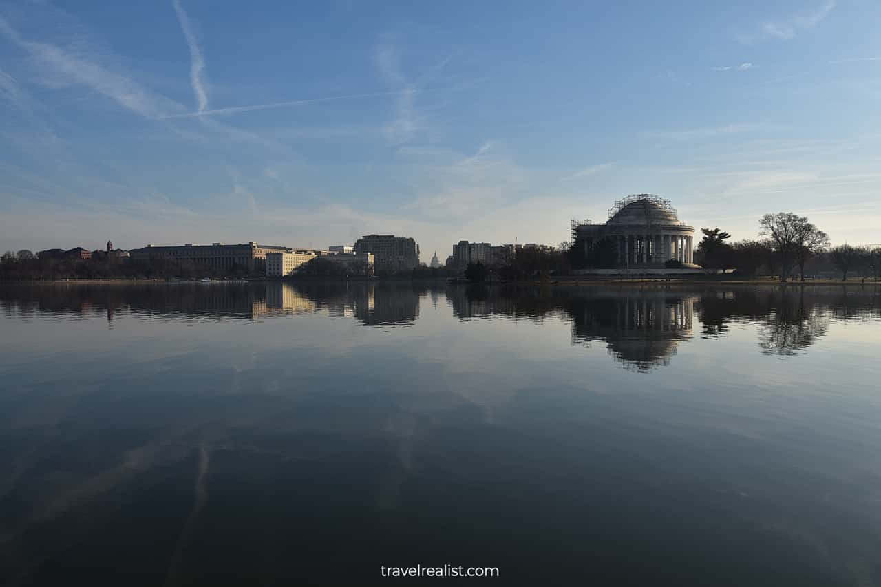 Thomas Jefferson Memorial and US Capitol at Tidal Basin in National Mall, Washington, DC, US
