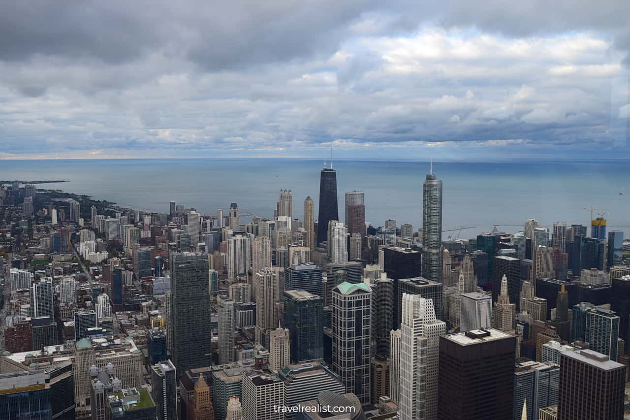 John Hancock Building and Lake Michigan viewed from Willis Tower in Chicago, Illinois, US