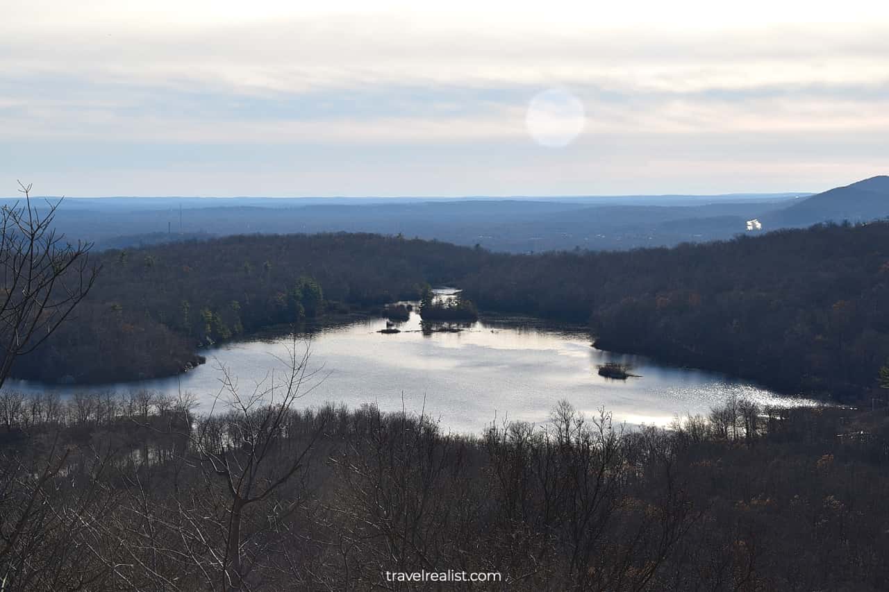 Ramapo Lake views from Van Slyke Castle ruins in Ramapo Mountain State Forest, New Jersey, US