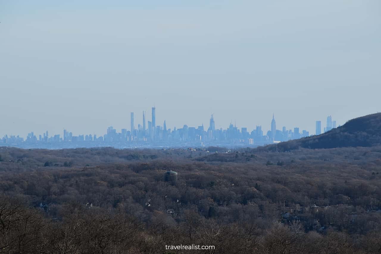 Manhattan Skyline views from Van Slyke Castle in Ramapo Mountain State Forest, the third best place to visit in New Jersey, US