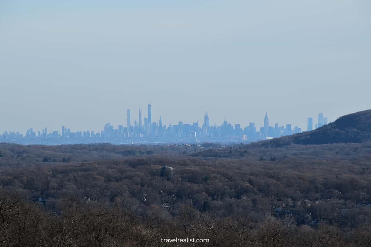 Manhattan Skyline views from Van Slyke Castle in Ramapo Mountain State Forest, New Jersey, US