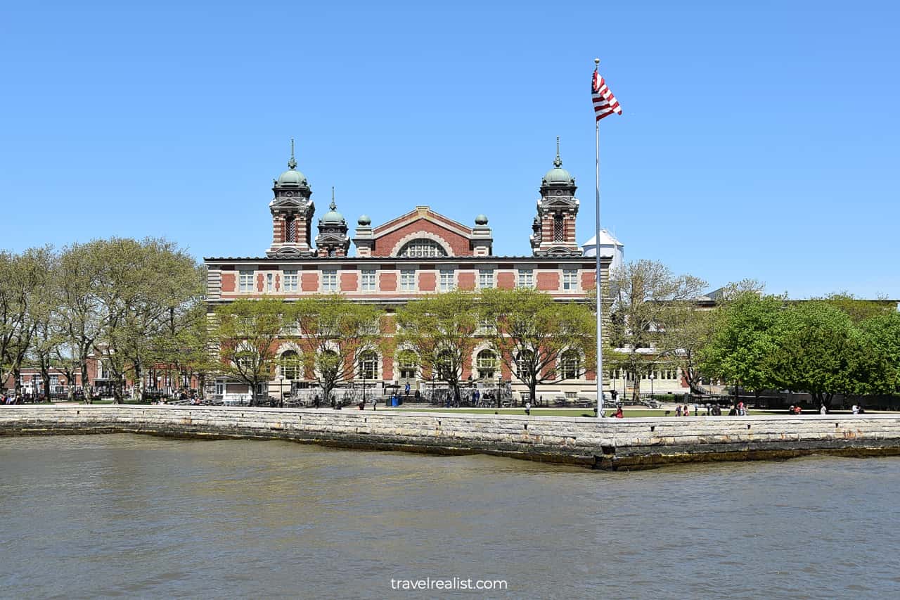 Ellis Island as seen from boat in New Jersey, US