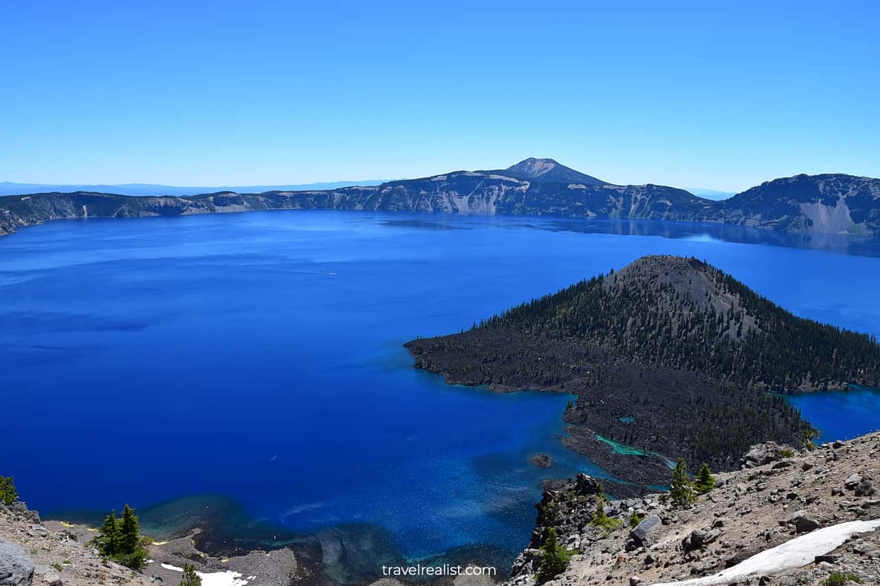 Lake view from Watchman Overlook in Crater Lake National Park, Oregon, US