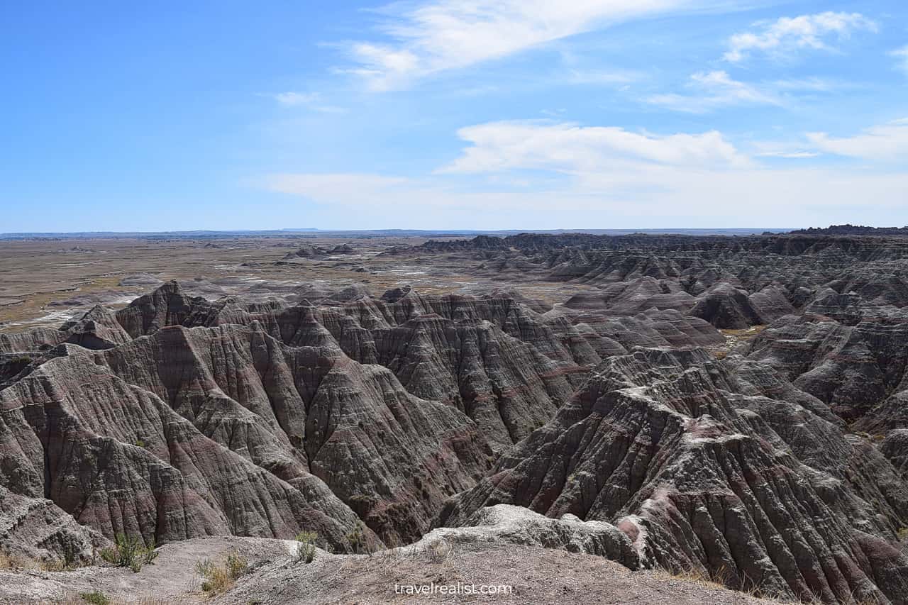 Panoramic views from Big Badlands Overlook in Badlands National Park, second best place to visit near Black Hills, South Dakota, US