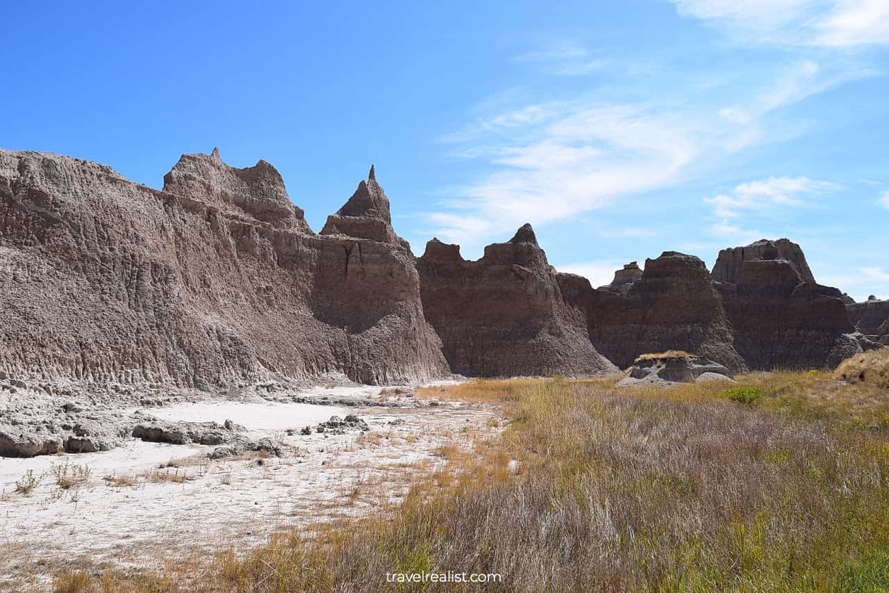 Close-up view of formations at Castle trailhead in Badlands National Park, South Dakota, US