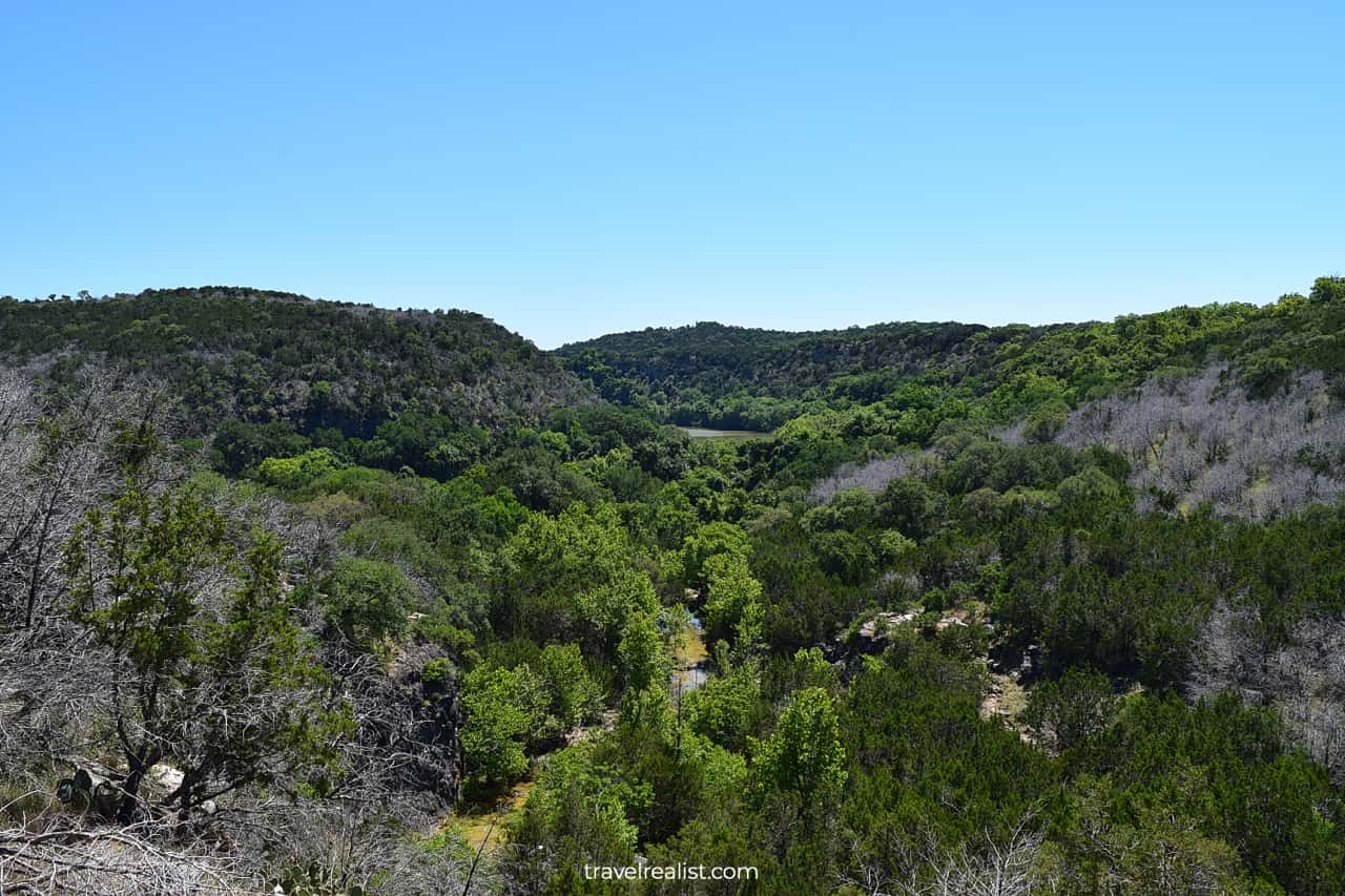 Spicewood Springs and Colorado River overlook on Spicewood Canyon trail in Colorado Bend State Park, Texas, US