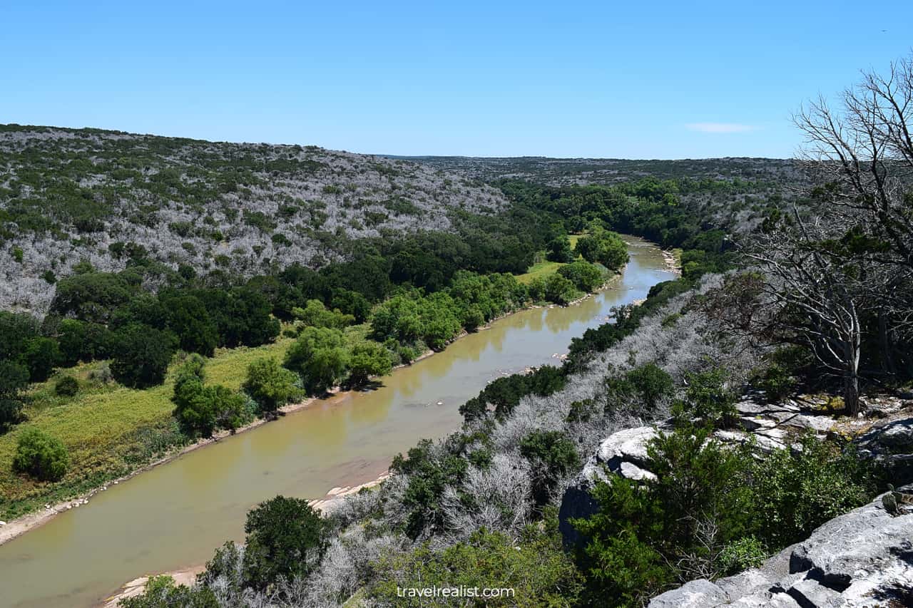 Colorado river views from Tie Slide Overlook in Colorado Bend State Park, Texas, US