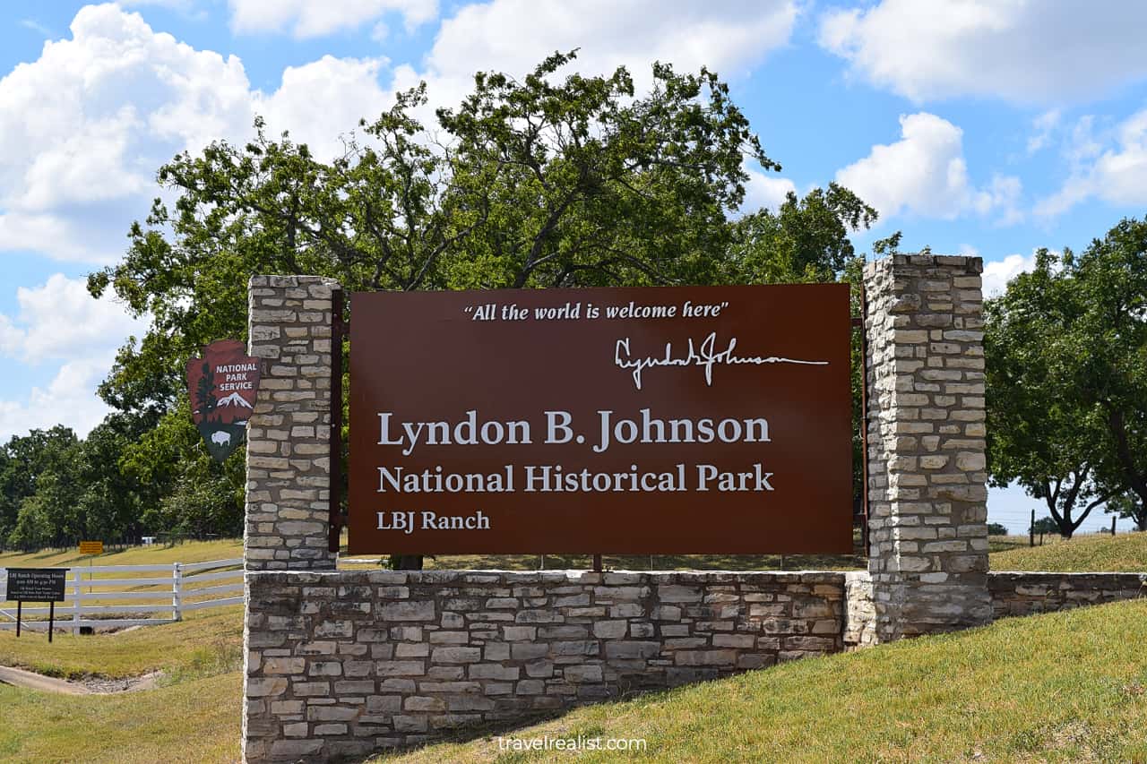 LBJ Ranch district and sign in Lyndon B. Johnson National Historical Park, Texas, US