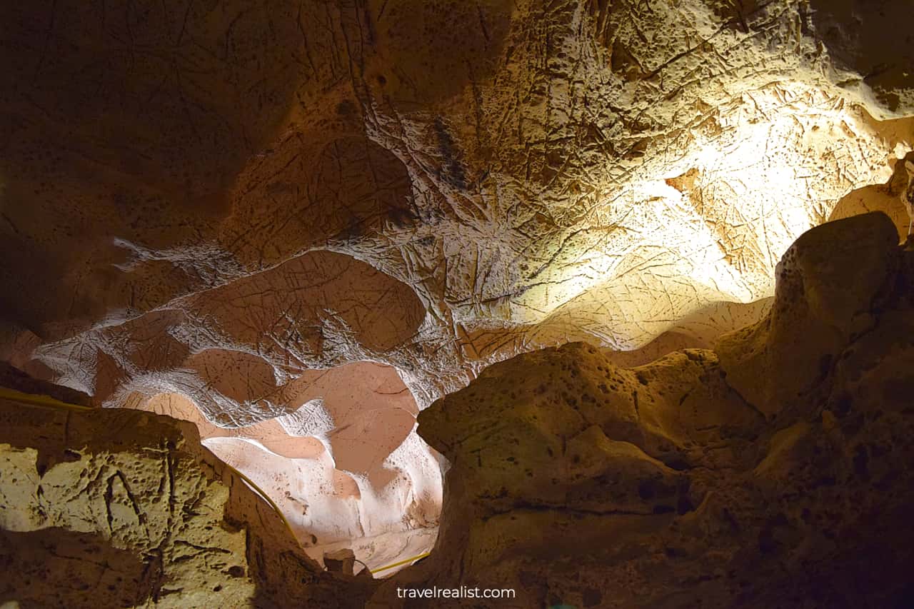 Limestone formations under artificial light in Longhorn Cavern State Park, Texas, US