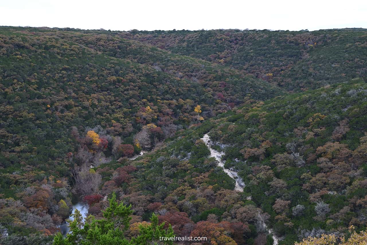 East trail panorama and elevation gain in Lost Maples State Natural Area, Texas, US