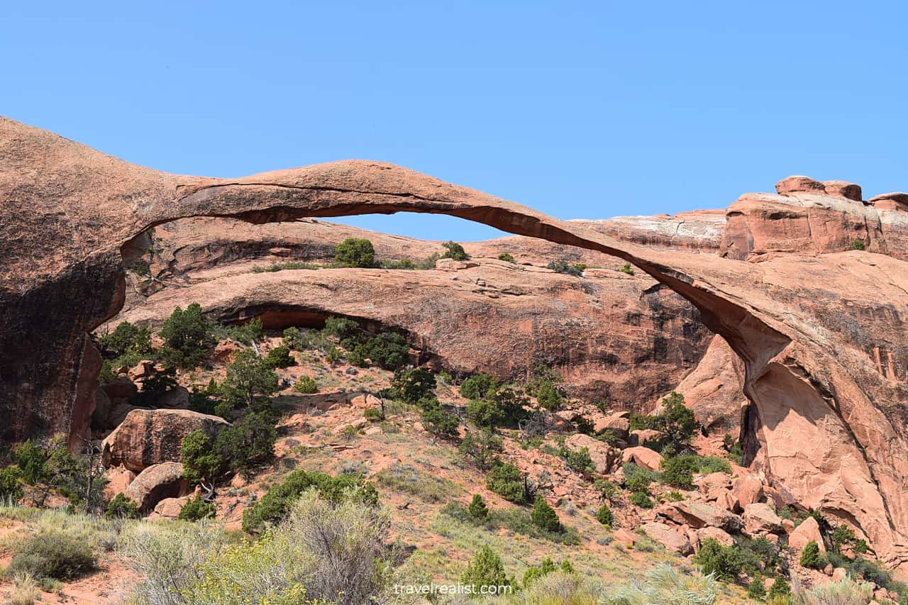 Long and thin Landscape Arch in Arches National Park, Utah, US