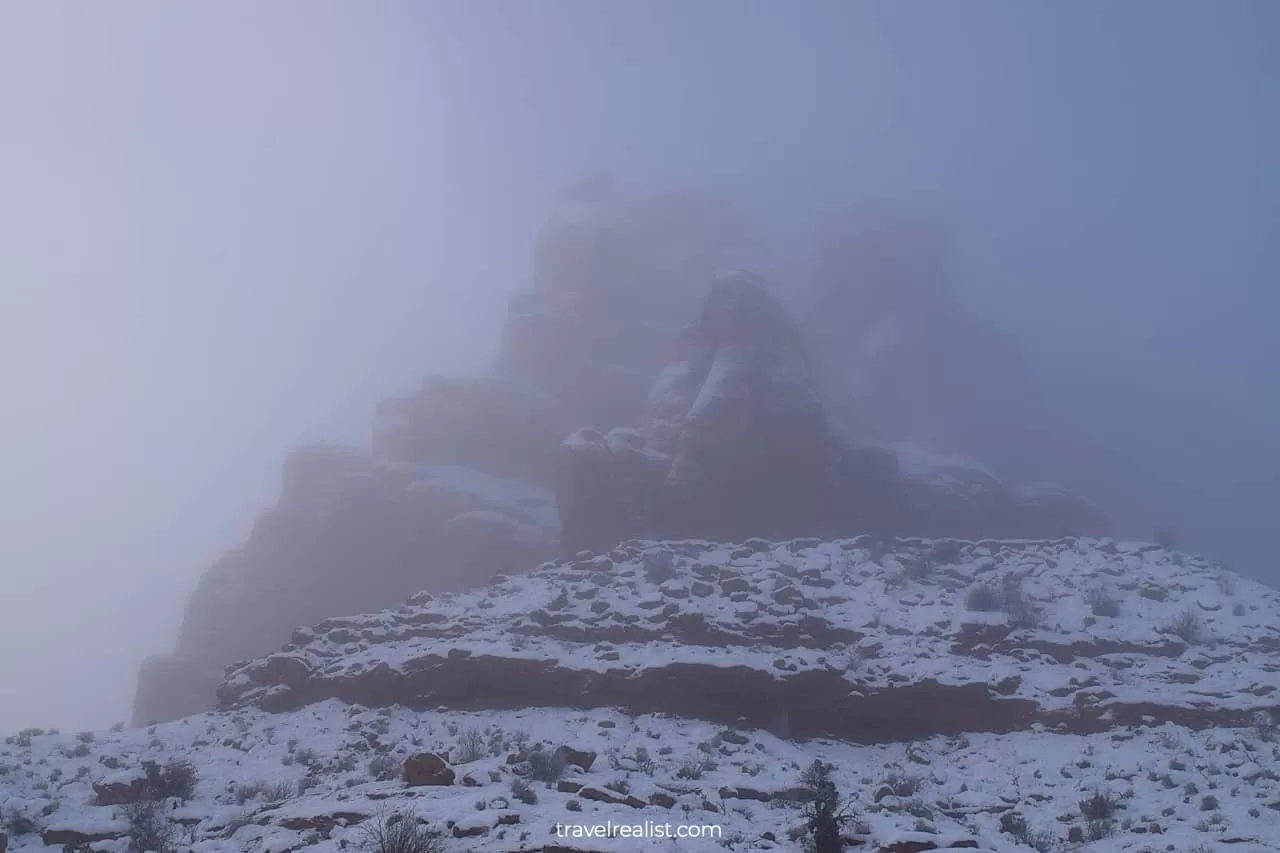 Winter fog in Arches National Park, Utah, US
