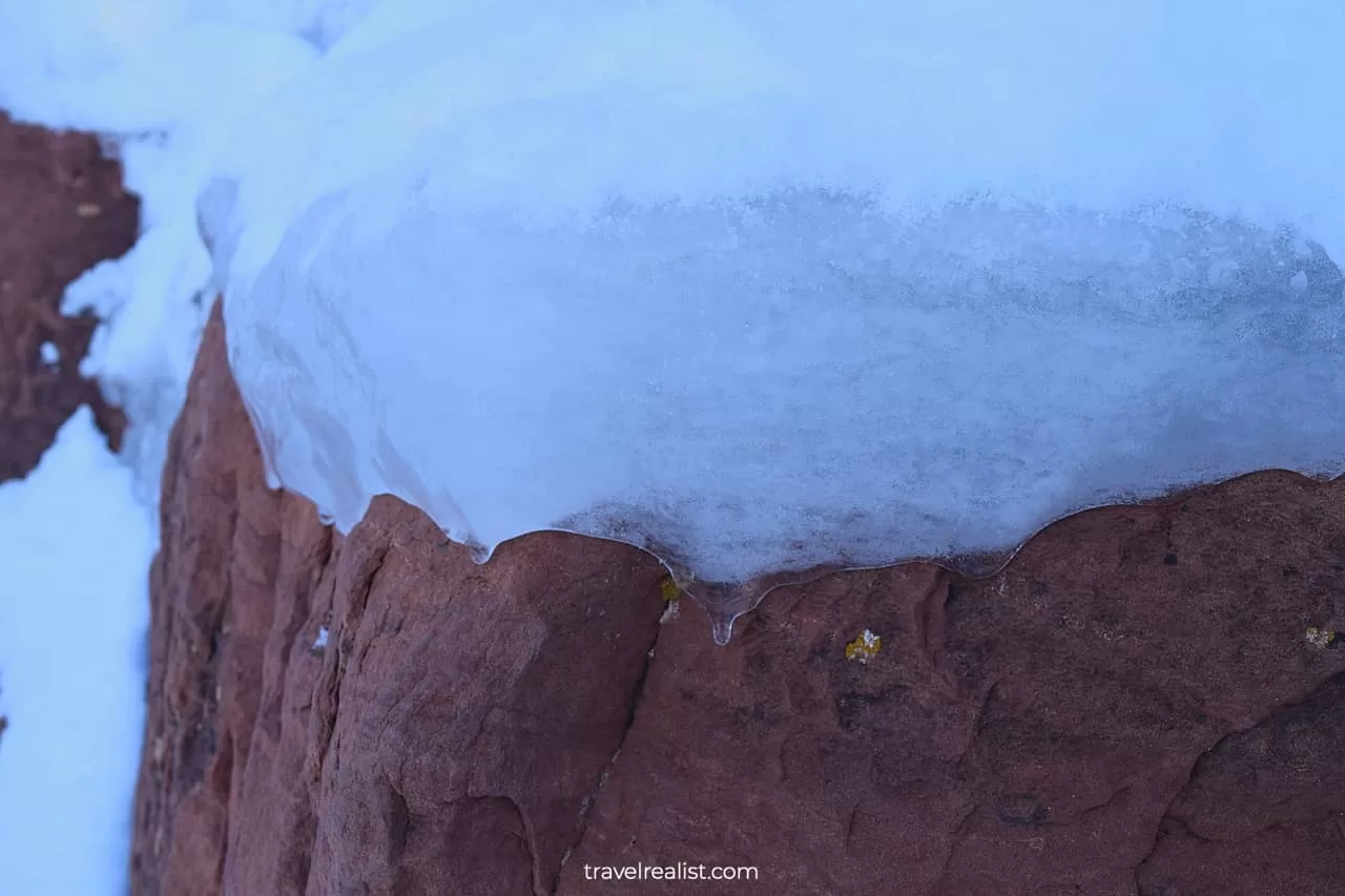 Ice on formations in Arches National Park, Utah, US