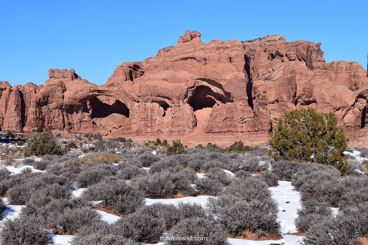 Double Arch & Cove from distance in Arches National Park, Utah, US