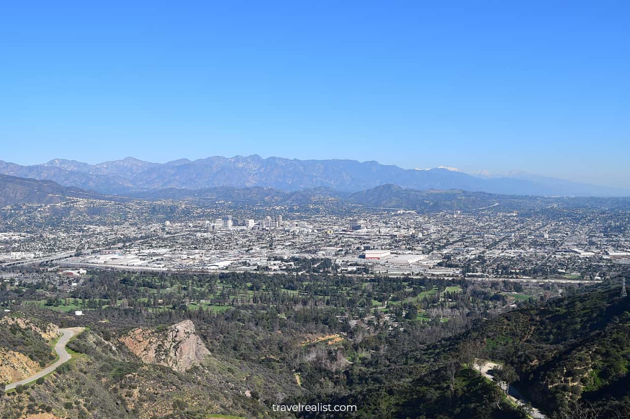 Glendale, Burbank, and Pasadena with San Gabriel Mountains in the background as seen from Dantes View in Griffith Park, Los Angeles, CA, US