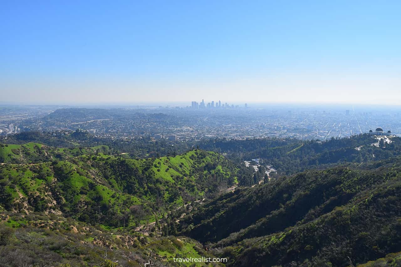 Downtown LA and Griffith Park panorama from Mt Hollywood Summit in Griffith Park, Los Angeles, CA, US