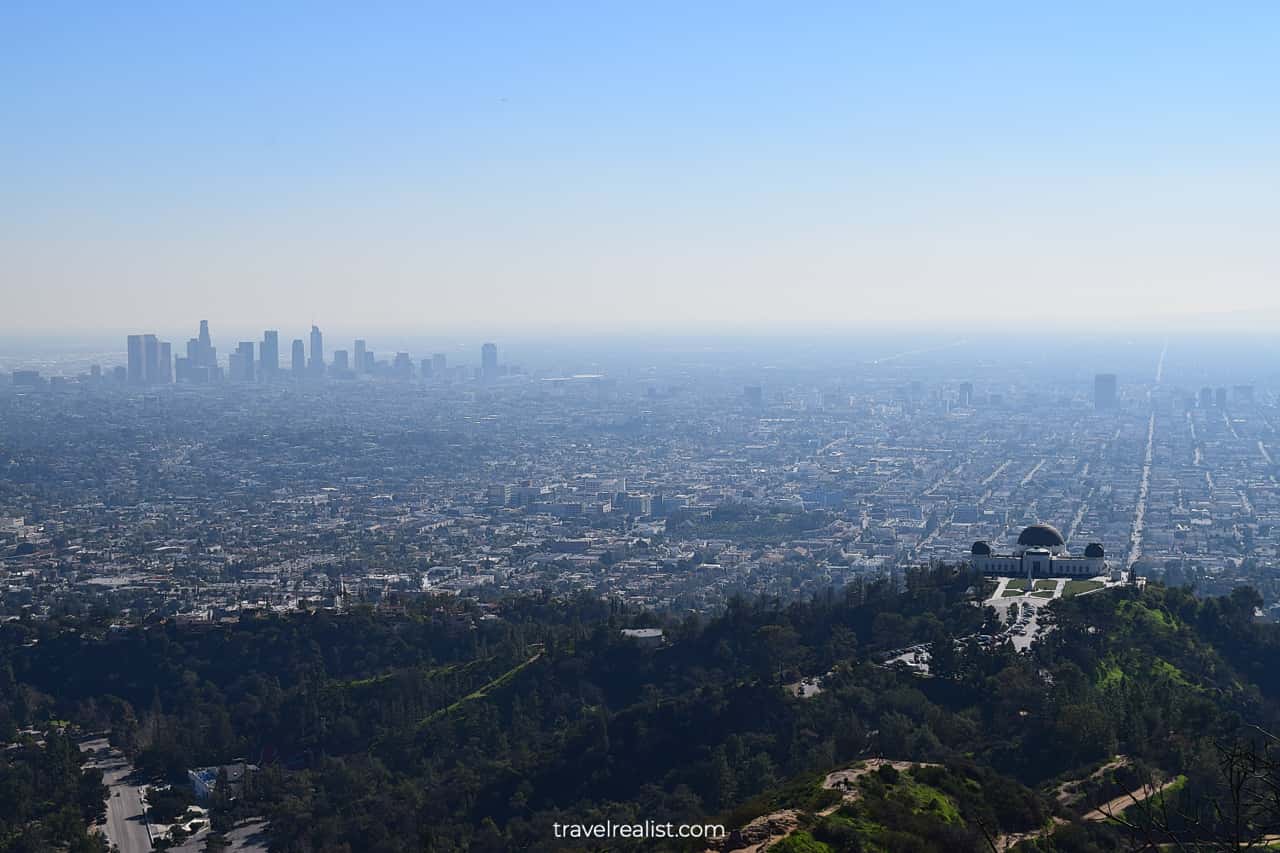 Downtown LA and Griffith Observatory as viewed from Mt Hollywood Summit in Griffith Park, Los Angeles, CA, US