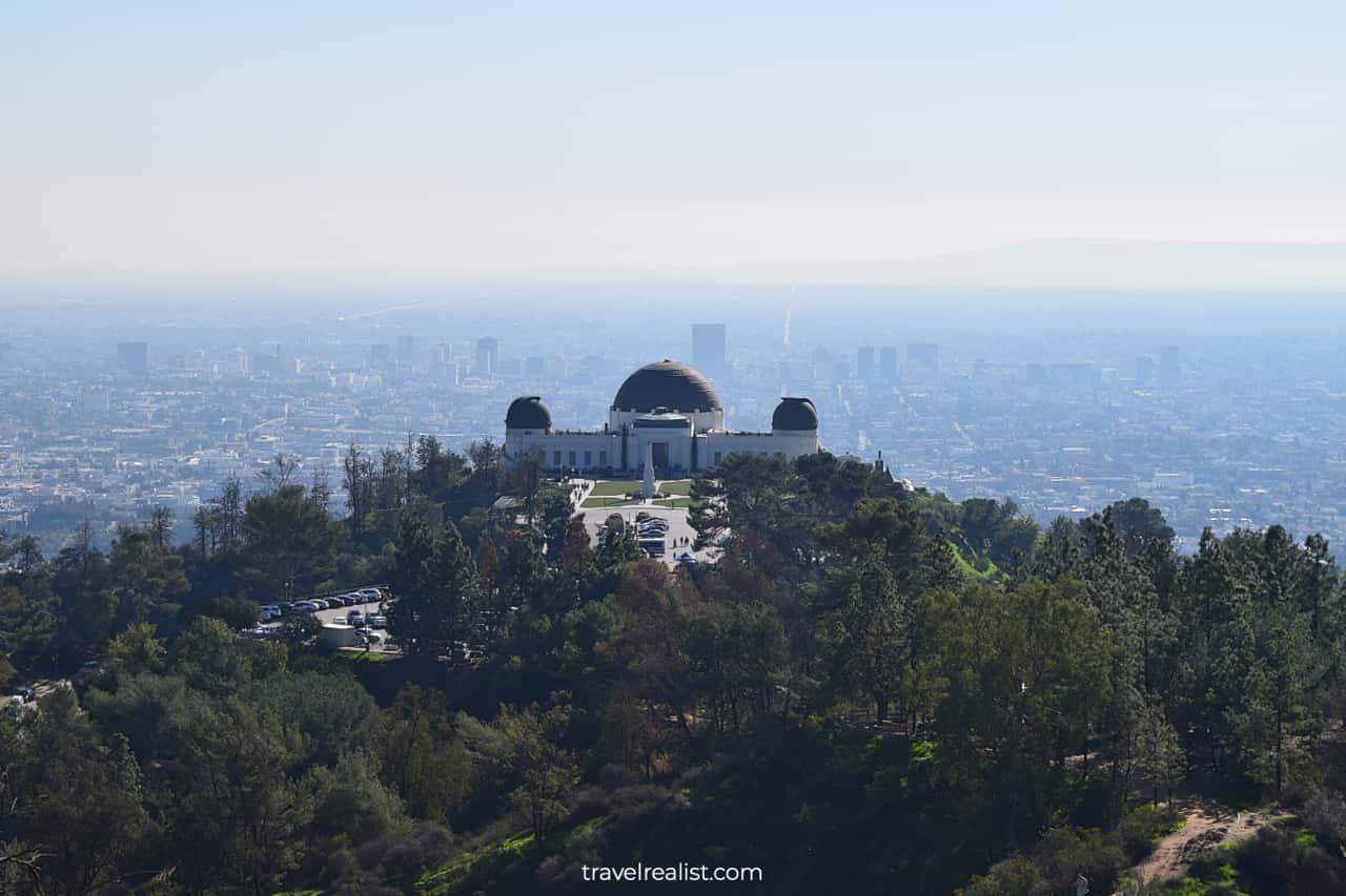 A close-up view of the Griffith Observatory from Mt Hollywood Summit in Griffith Park, Los Angeles, CA, US