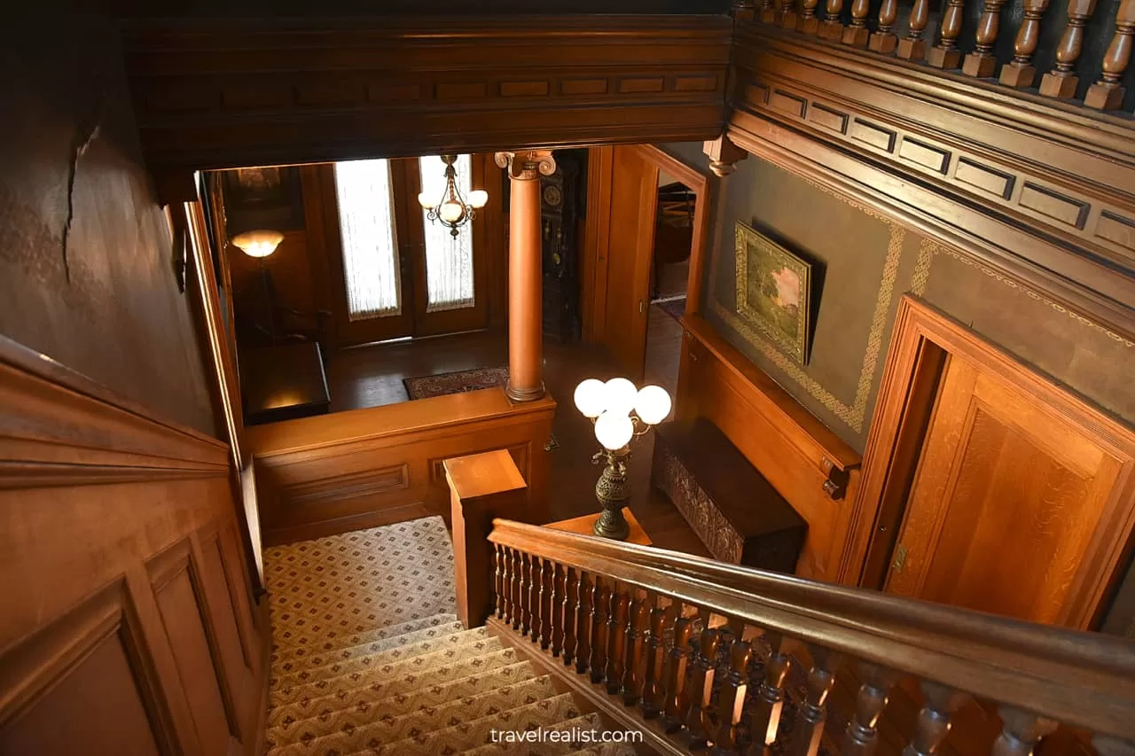 Grand staircase and hallway as viewed from the second floor of Haas-Lilienthal House in San Francisco, California, US