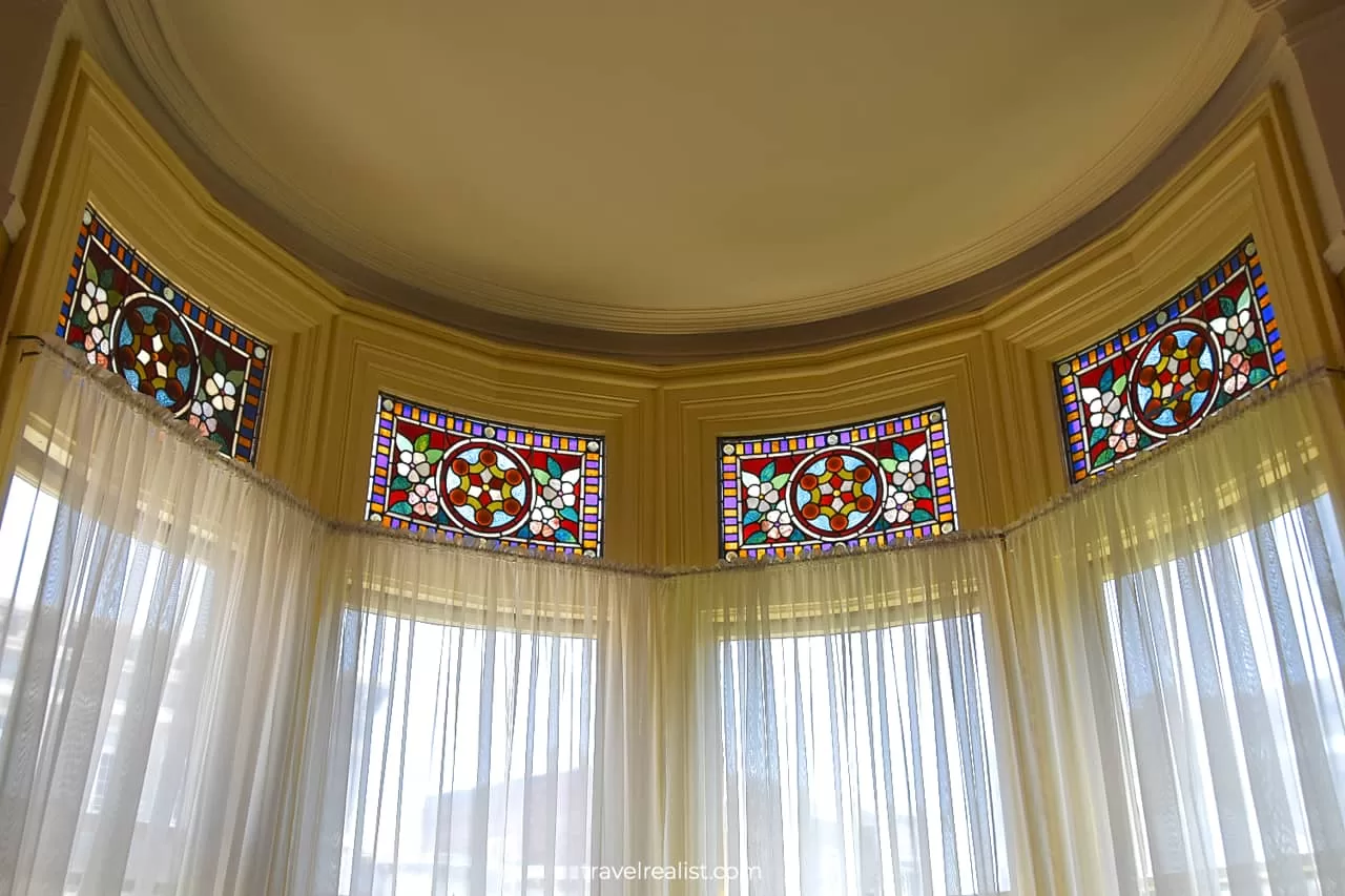 Stained glass windows in library in Haas-Lilienthal House in San Francisco, California, US