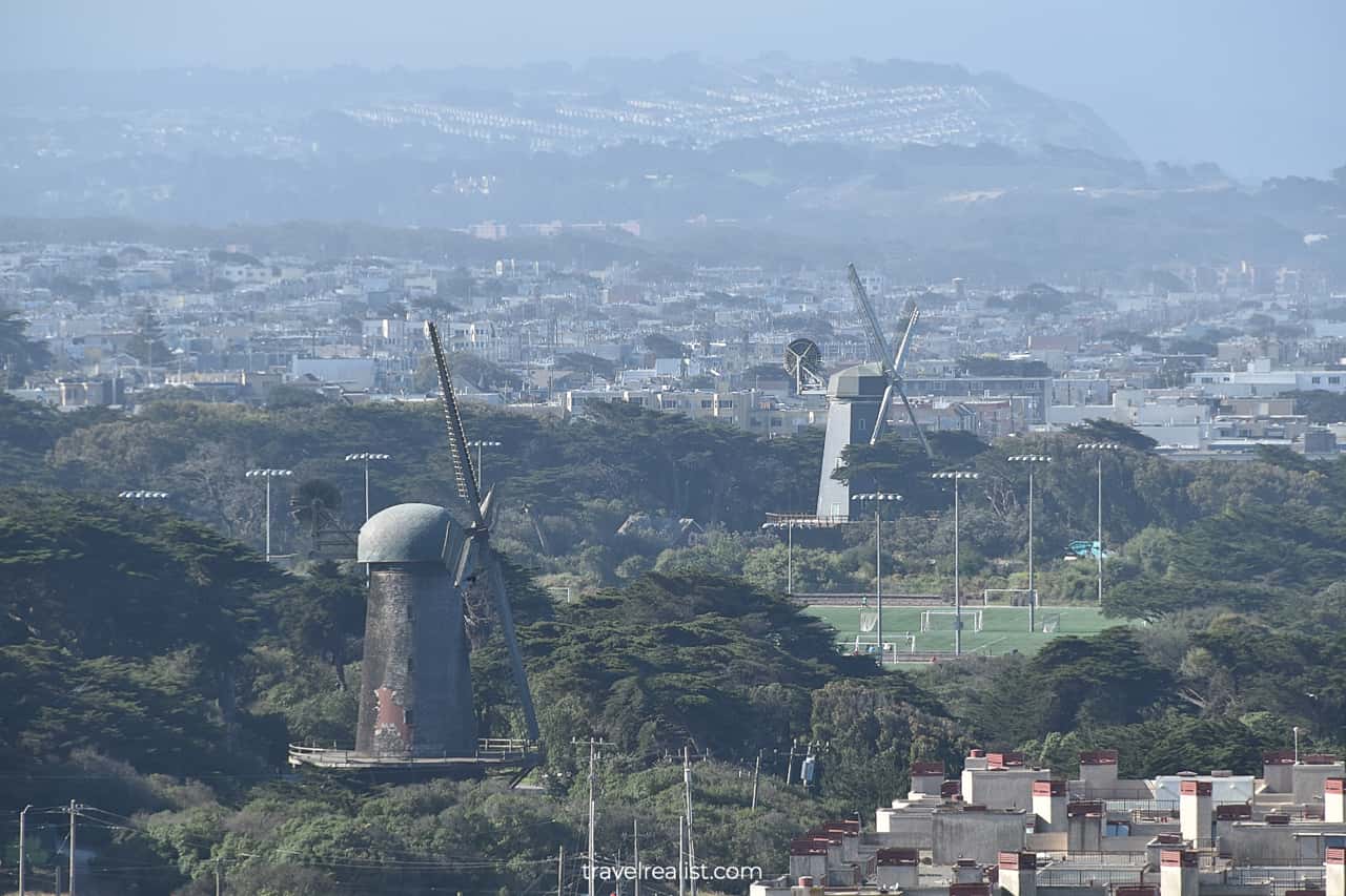 Dutch & Murphy Windmills in the Golden Gate Park as viewed from Sutro Heights in San Francisco, California, US