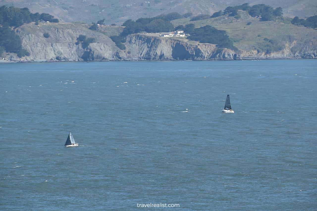 Yachts in the Golden Gate as viewed from Lincoln Park in San Francisco, California, US