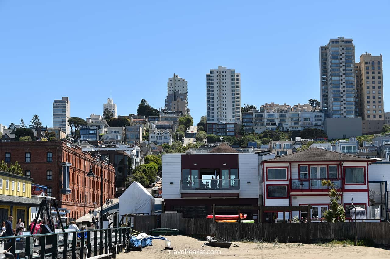 Views of Hyde Street and cable car from San Francisco Maritime National Historic Site in San Francisco, California, US