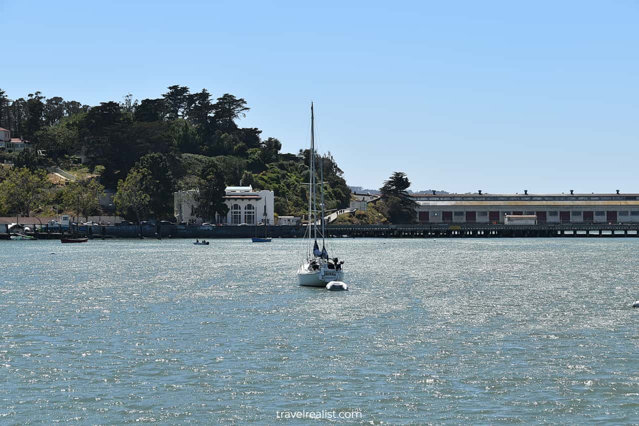 A yacht near San Francisco Maritime National Historic Site in San Francisco, California, US
