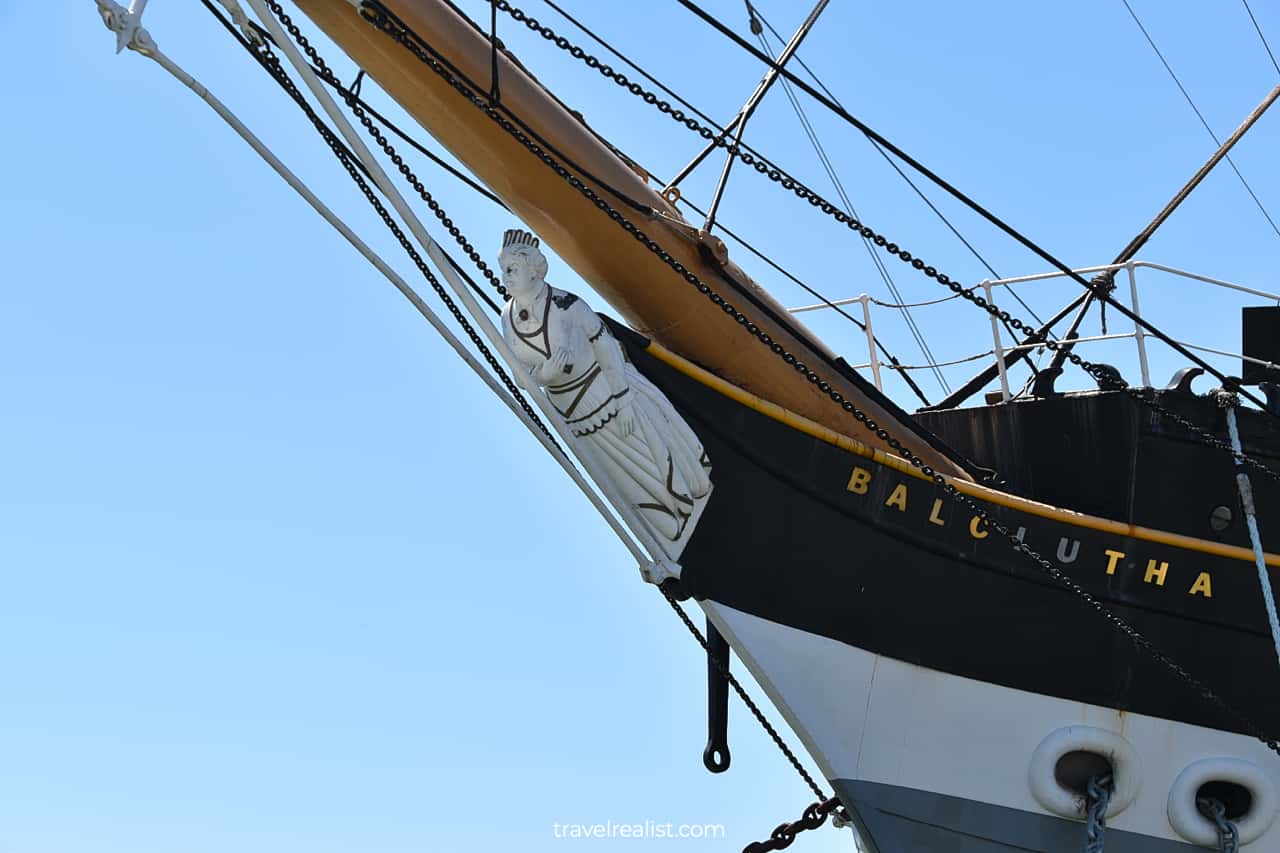 Close-up view of figurehead of Square rig sailing ship Balclutha in San Francisco Maritime National Historic Site in San Francisco, California, US