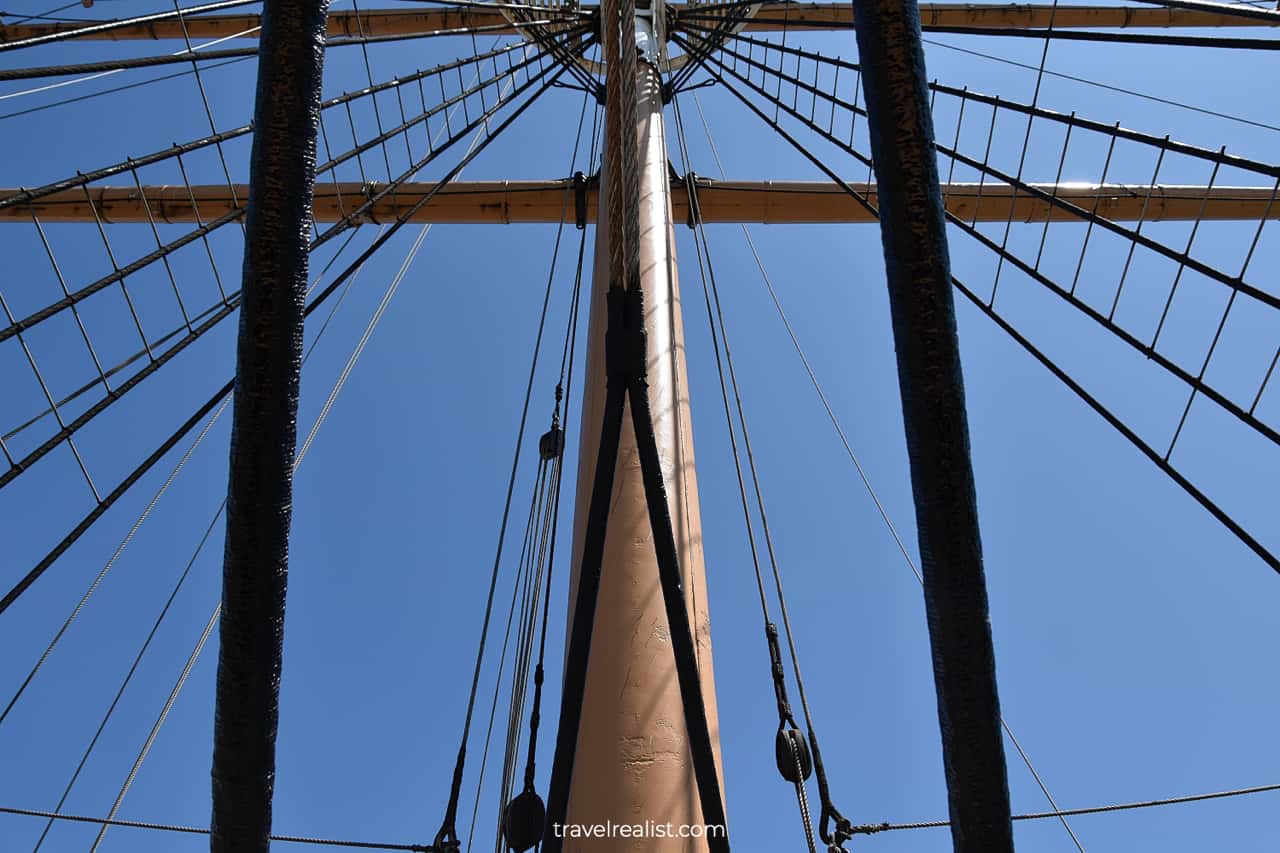 Shrouds and mast of Square rig sailing ship Balclutha in San Francisco Maritime National Historic Site in San Francisco, California, US
