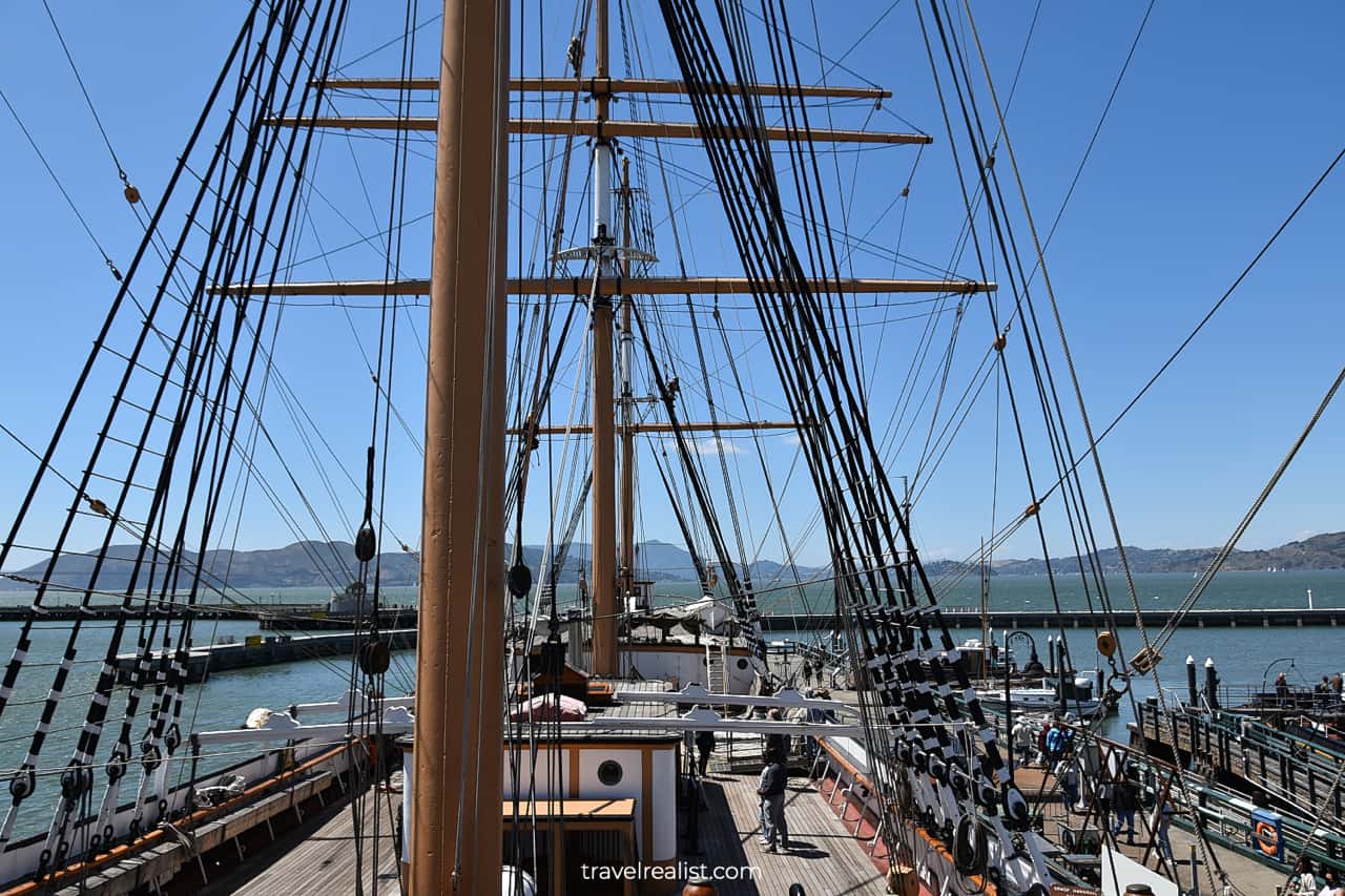 Re-rigging of Square rig sailing ship Balclutha in San Francisco Maritime National Historic Site in San Francisco, California, US