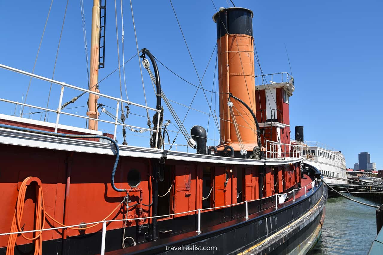 Views of Steam Tug Hercules and ferryboat Eureka in San Francisco Maritime National Historic Site in San Francisco, California, US