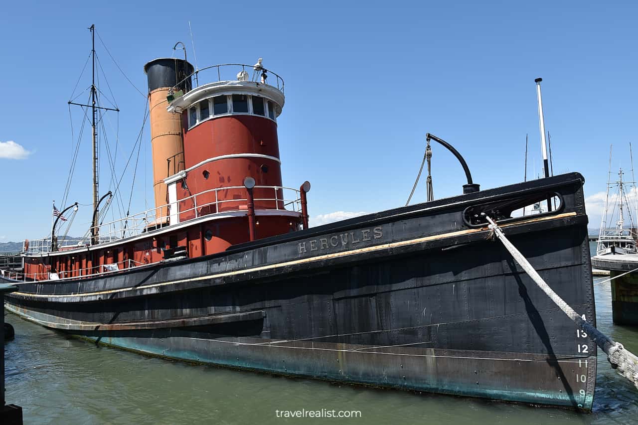 Steam tug Hercules in its full beauty in San Francisco Maritime National Historic Site in San Francisco, California, US