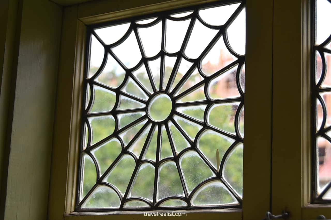 Close-up view of spider web glass panel in Winchester Mystery House in San Jose, California, US