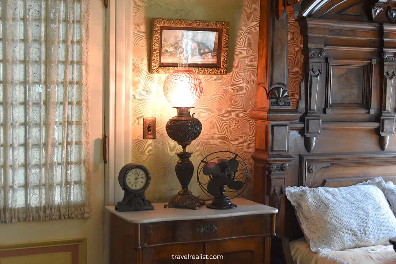 Lamp and artifacts in Master Bedroom of Winchester Mystery House in San Jose, California, US
