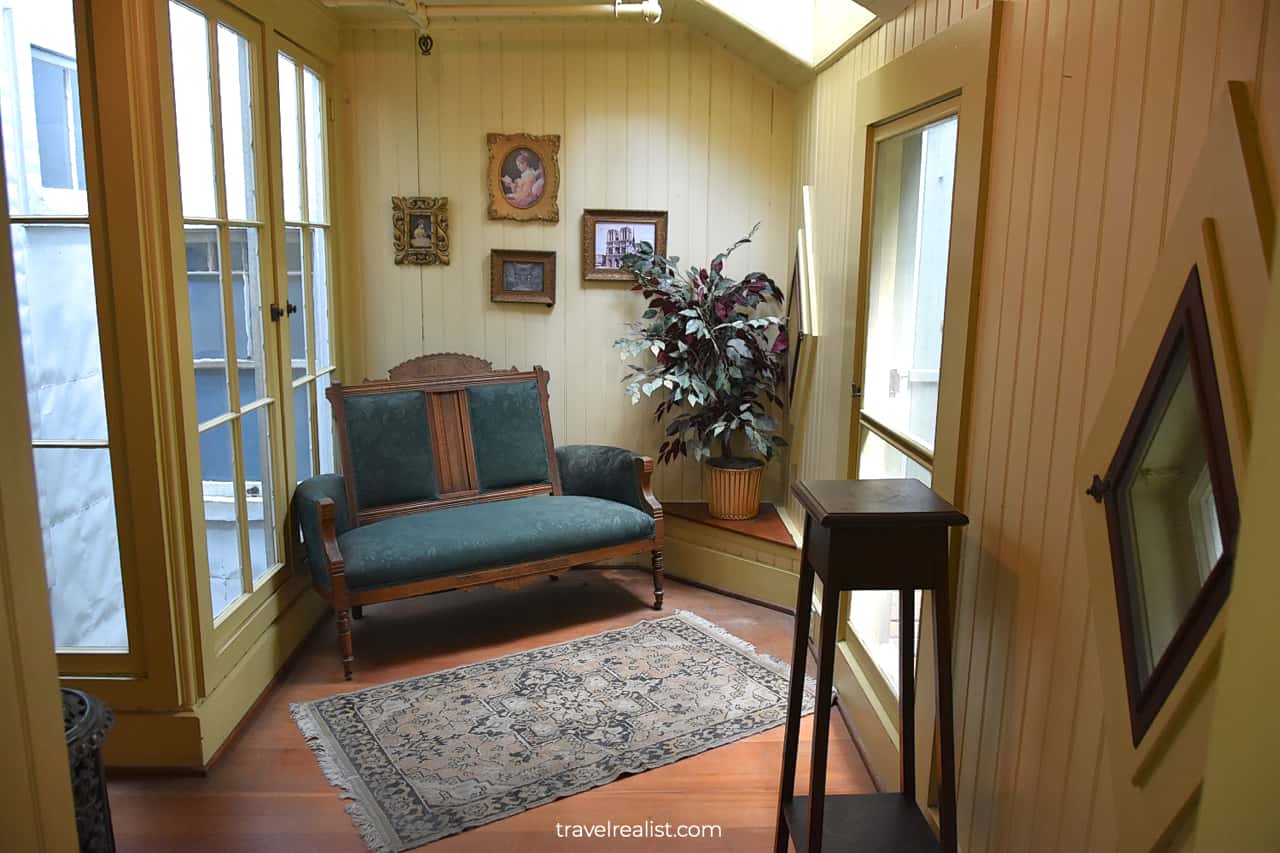 Sitting room in hallway in Winchester Mystery House in San Jose, California, US