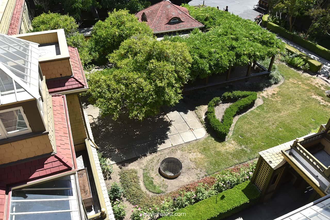 Gardens view from tower in Winchester Mystery House in San Jose, California, US