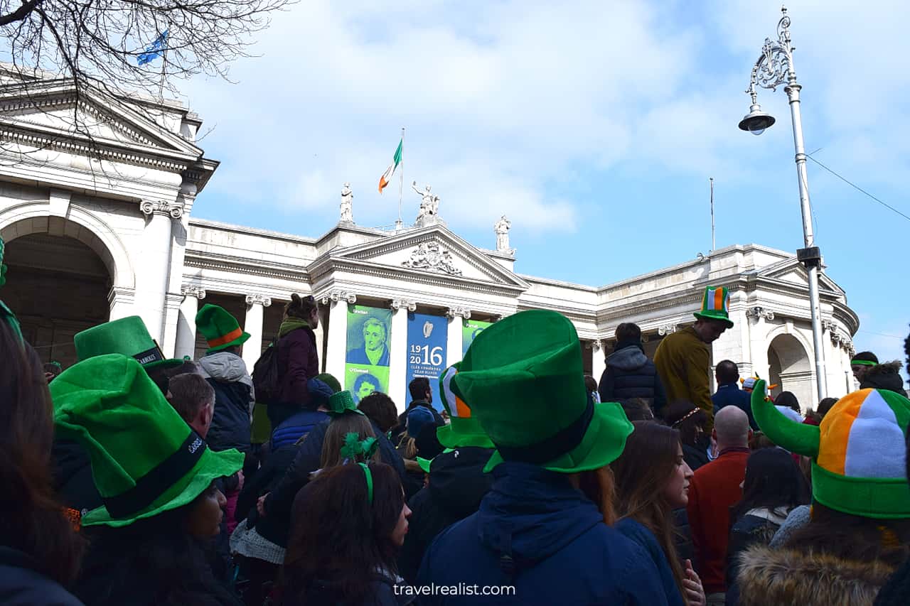 St Patrick's Day parade in front of Irish Houses of Parliament in Dublin, Ireland