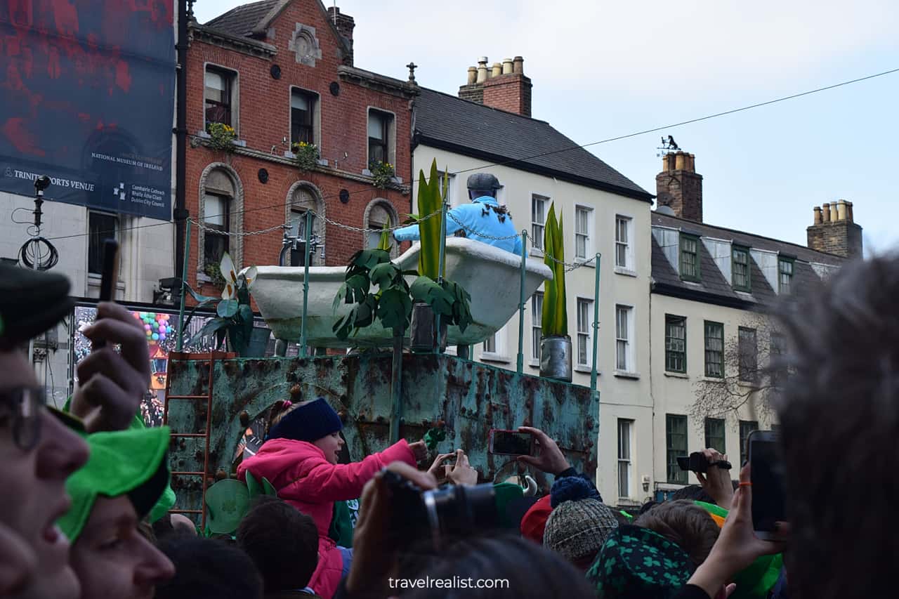 Gentleman in bathtub at St Patrick's Day Parade in Dublin, Ireland