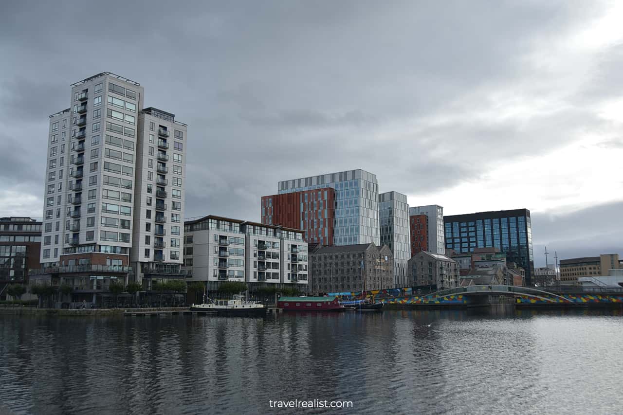 Historic Bolands Mills and modern Buildings at Grand Canal Docks in Dublin, Ireland