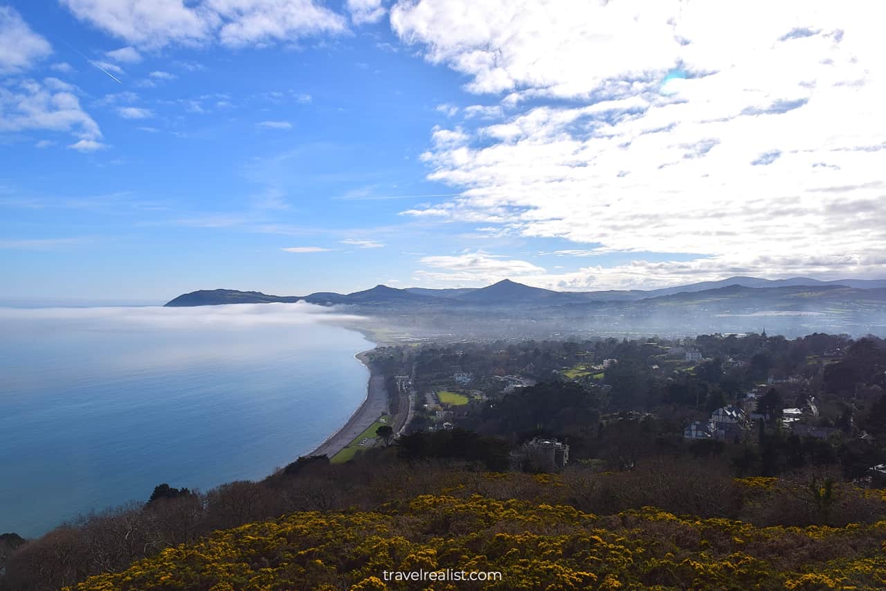 Bray Head and Sugar Loaf Mountains views from Killiney Hill in Dublin, Ireland