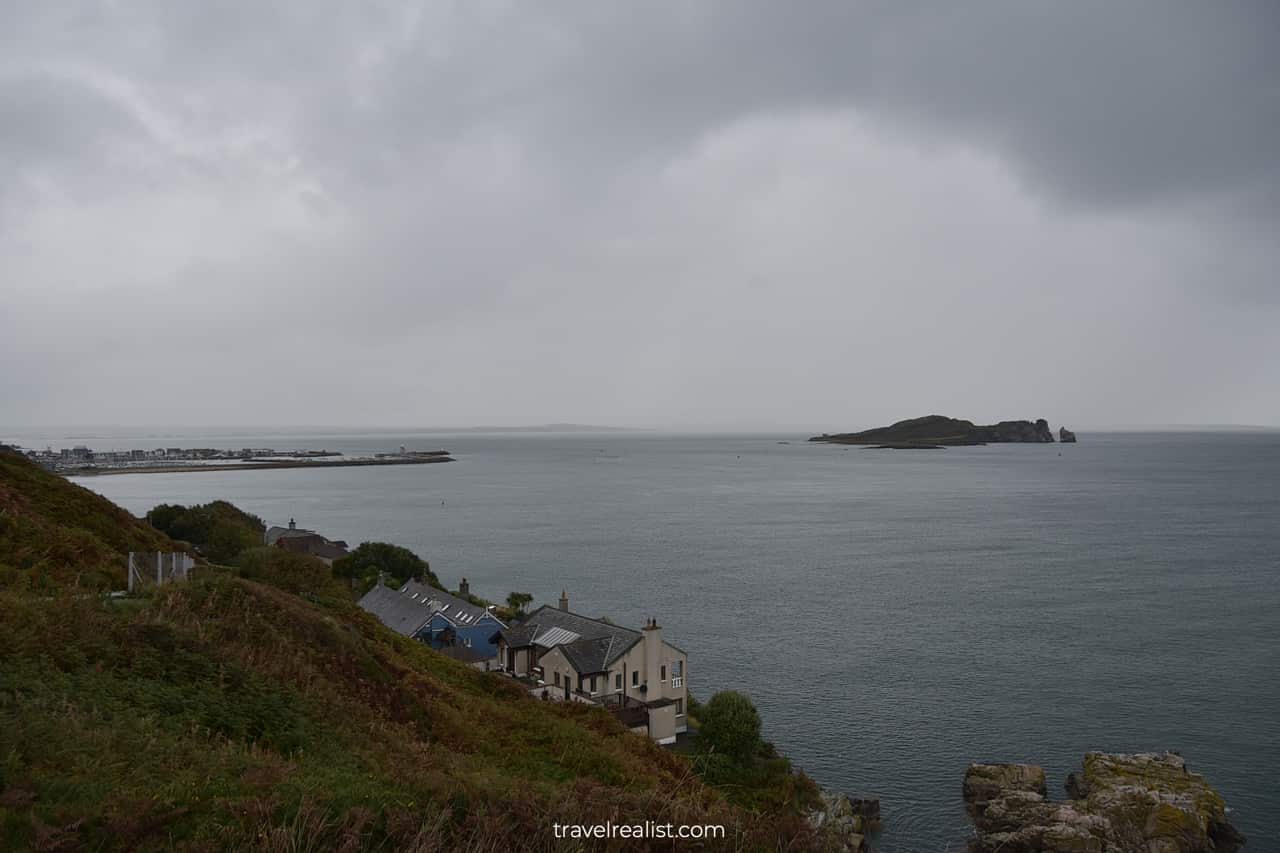 Foggy Howth Cliff Walk and Ireland's Eye island near Dublin, Ireland