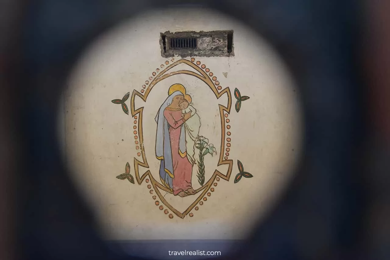 Painting of virgin and son in Grace Gifford's cell in Kilmainham Gaol in Dublin, Ireland