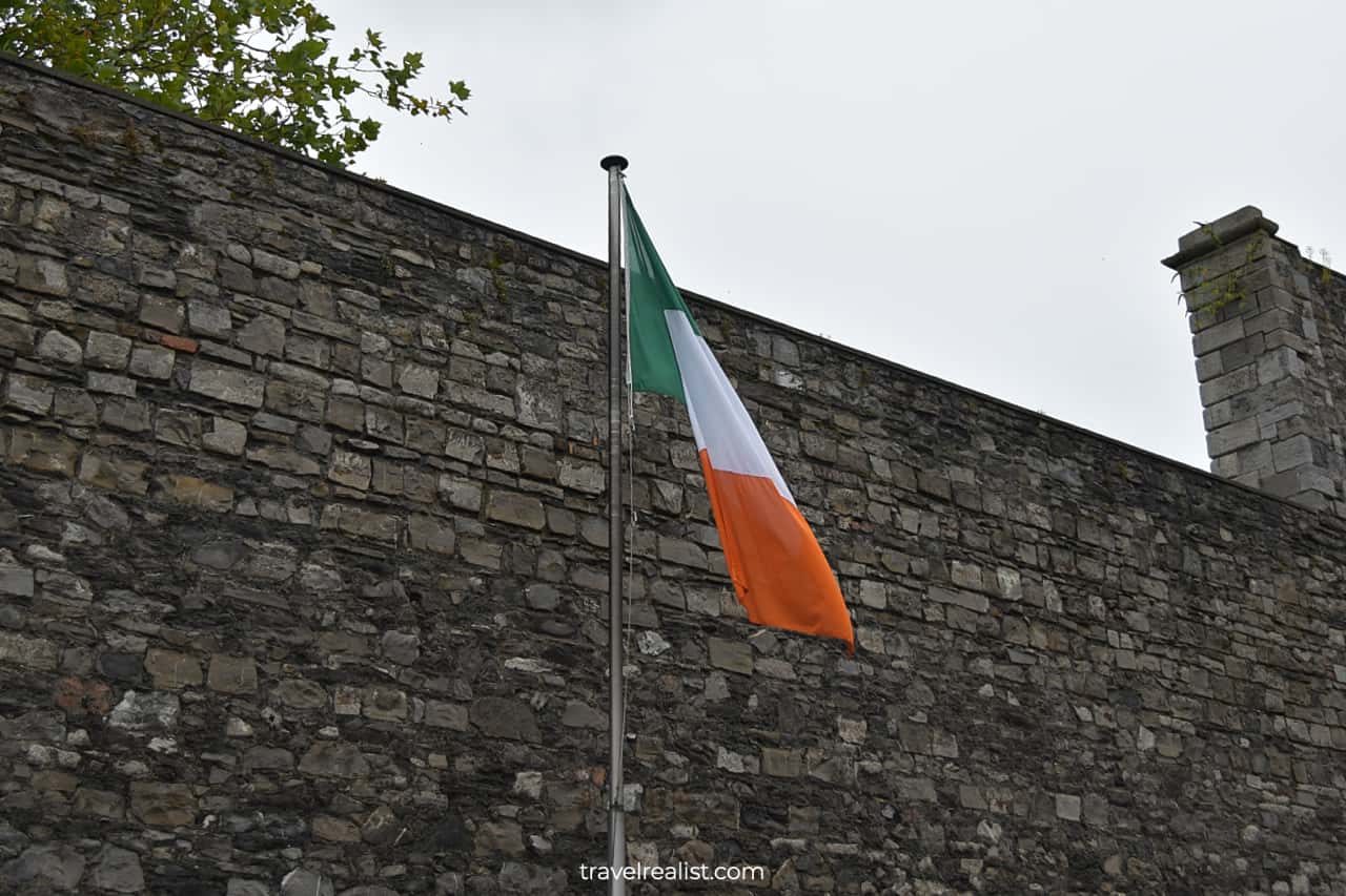 Irish flag in Stonebreakers Yard in Kilmainham Gaol, Dublin, Ireland