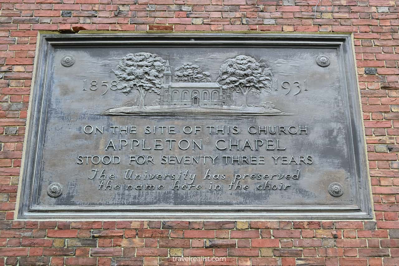 Memorial plaque on Memorial Church of Harvard University in Cambridge, Massachusetts, US